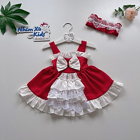 Váy Lolita 2 Dây Đỏ Bèo Tầng Bé Gái 4 Đến 28kg Chất Đũi Chun Phối Lụa [V502