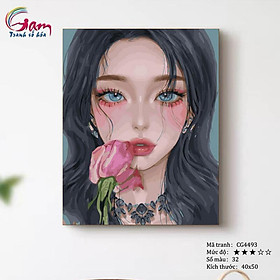 Mua Tranh tự tô màu theo số cô gái hoa hồng mới lọ màu to 5ml + 2 bộ cọ + khung 2.5cm CG4493