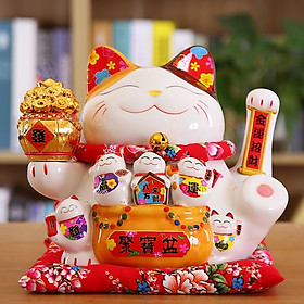 Mua Tượng Mèo Thần Tài Gốm Men Vẫy Tay Phát Tài  Phát Lộc 20cm Kèm Đệm Đỏ
