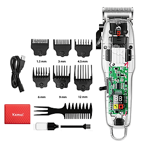 Tông đơ cắt tóc Kemei KM-NG-108 vỏ trong suốt thấy mạch điều chỉnh độ dài lưỡi có màn hình LCD hiển thị sạc USB