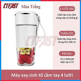 Máy xay sinh tố cầm tay mini, cốc xay sinh tố đa năng CTFAST - JUICER 01 (50W - 300ml) : Thiết kế cảm ứng tự động, cốc xay thủy tinh an toàn tuyệt đối khi sử dụng, pin sạc 1500 mAh - Hàng chính hãng