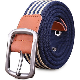 Half cigarette canvas belt men's belt smooth buckle youth Korean version of the belt pin buckle casual outdoor students B-170537 Tibetan blue and white stripes 115