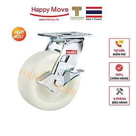 Bánh xe nylon trắng tải nặng càng Inox 304 xoay khóa đơn - 100 - 125 - 150 - 200mm - Happy Move Thái Lan