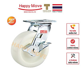 Mua Bánh xe nylon trắng tải nặng càng Inox 304 xoay khóa đơn - 100 - 125 - 150 - 200mm - Happy Move Thái Lan