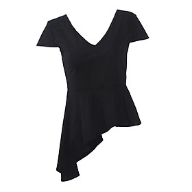 Fashion Women Solid Black V-neck Asymmetric Swing T-shirt Summer Tunic Tops Plus Size Tee XL-5XL