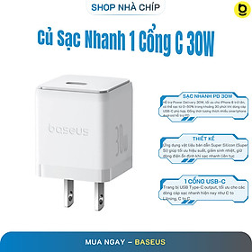 Củ sạc nhanh Baseus 30W, Củ sạc Baseus Si 30W, Củ sạc Baseus Super Si Quick Charger 30W dùng cho iPhone/ Samsung/ OPPO... (30W, Type C, PD/ QC3.0 Quick charger)