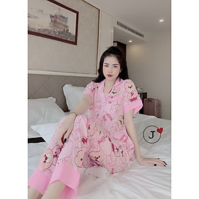 Bộ pijama cộc tay quần dài chất liệu lụa mango, bộ đồ ngủ nữ pyjama họa tiết gấu beer dễ thương sang trọng CCC21