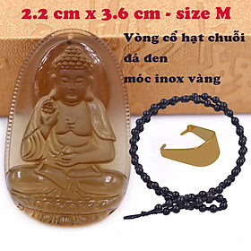 Mặt Phật A di đà đá obsidian ( thạch anh khói ) 3.6 cm kèm vòng cổ hạt chuỗi đá đen - mặt dây chuyền size M, Mặt Phật bản mệnh