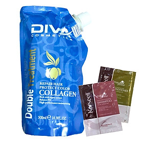 Kem ủ tóc siêu mượt Collagen DIVA Cosmetics Double Treatment 500ml + Cặp gội xả gói Karseell Maca 15mlx2