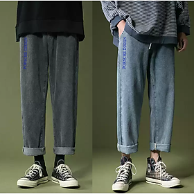 Quần baggy jean nam lưng thun - Quần jean nam ống rộng in chữ