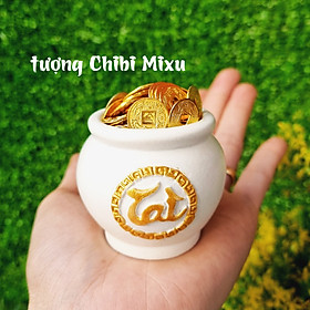 Mua Chum vàng chữ TÀI / LỘC / PHÁT (gồm 1 chum trắng + 15 hạt gốm mèo + 100 xu vàng 13mm)