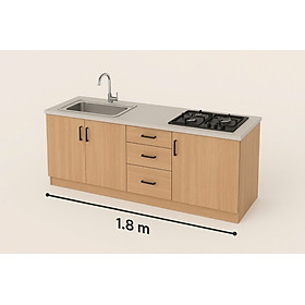 Kệ bếp Tundo lắp ráp sẵn kèm bồn rửa đơn, bề mặt ốp gạch, khung nhựa màu gỗ sồi.