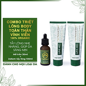 COMBO TẨY TRIỆT LÔNG BODY TOÀN THÂN VĨNH VIỄN UMISKIN tại nhà | Mỡ trăn triệt lông vĩnh viễn U Minh Hạ (30ml) & 2 hộp Kem tẩy lông Umi 4C (100ml x2) an toàn cho da nhạy cảm