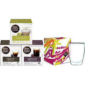 Combo 3 Hộp Cà Phê Viên Nén Nescafe Dolce Gusto Vị Espresso, Americano, Cappucino Kèm 1 Ly Thủy Tinh 2 Lớp Cao Cấp