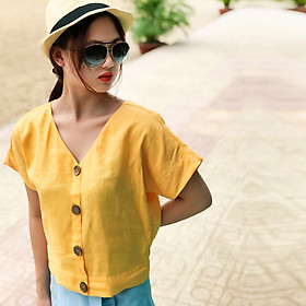 Áo Croptop Linen Áo Kiểu Đẹp Thời trang thiết kế Hity TOP134 (Vàng Mù Tạt)