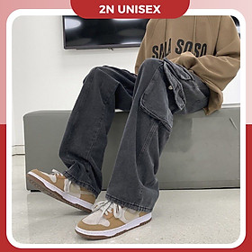Quần jean túi hộp ống rộng nam nữ 2N Unisex cargo pants màu xám thời trang Q02