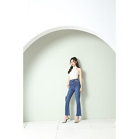 Quần Jean Nữ Ống Loe Cạp Cao Co Giãn Trơn Gấu Thường CT JEANS