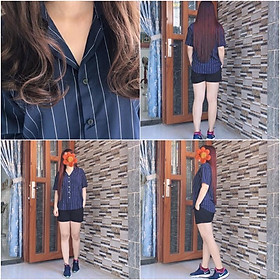 Mua Sơ mi oversize xanh đen sọc trắng cổ vest