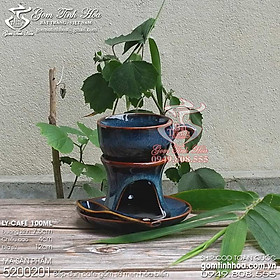 Bộ bếp đun cafe gốm sứ Bát Tràng men hỏa biến màu thiên thanh - Ly cafe, bếp sứ, đĩa sứ & Thìa sứ
