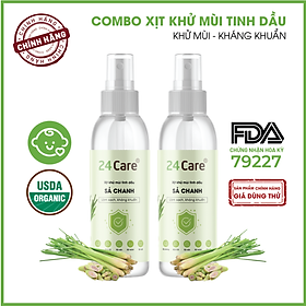 Combo 2 chai Xịt Phòng Tinh Dầu Sả Chanh Hữu Cơ Organic 24Care 100ml/chai - Kháng khuẩn - Khử mùi hôi 
