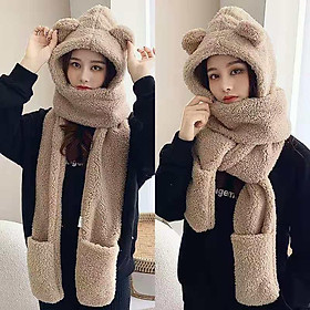 Mua Mũ lông cừu tai gấu nâu kèm khăn và găng tay siêu ấm cho mùa đông- mu long cuu tai gau nau