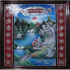 Mua Tranh sơn mài - Liễn thờ gia tiên cao cấp - Cây đa bến nước cẩn ốc xà chất lượng cao  mẫu nhất năm 2021  chủ đề tứ quý tài lộc  độc đáo  kinh hoa của liễn thờ sơn mài. 133x133cm