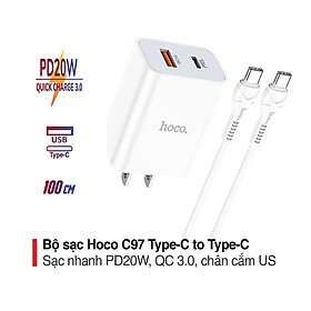 Bộ sạc PD20W Hoco C97 chân dẹt cổng USB và Type- C kèm dây sạc Type-C to Type-C dài 1M cho Android - Hàng chính hãng