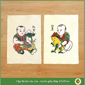 Cặp tranh Nhân nghĩa - Lễ trí - Bé ôm Cóc, Bé ôm Rùa - Tranh dân gian  Đông Hồ - Dong Ho folk woodcut painting