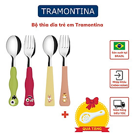 Bộ Thìa Dĩa Trẻ Em 2 Món Tramontina Chất Thép Không Gỉ Cao Cấp An Toàn Cán Nhựa PP Sản Xuất Tại Brazil Tặng Kèm 1 Dụng Cụ Tách Lòng Trứng