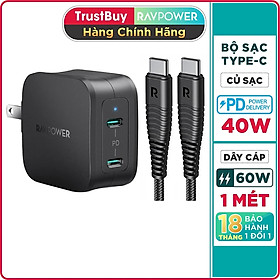 Adapter Củ Sạc 40W 2 Cổng Type C PD 3.0 & QC 3.0 Nhỏ Gọn RAVPower RP-PC152 - Hàng Chính Hãng