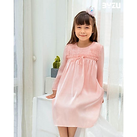 Váy đầm bé gái BYZU, thiết kế tay dài, ngực xếp li đính nơ xinh, chất vải tơ óng màu hồng size cho bé 3,4,5,6,7,8,9 tuổi