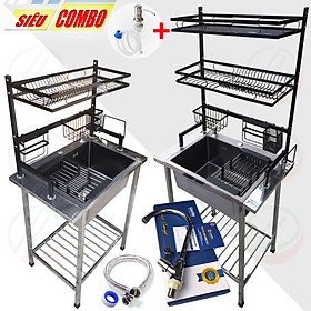 COMBO Chậu Rửa Chén Inox Phủ Nano Có Chân Kèm Kệ Úp Chén Đa Năng Đen - Chậu và kệ nhiều kích thước loại 1 tầng và 2 tầng, vòi Luxta lạnh mạ crome, tặng rổ rút, dây cấp, keo lụa