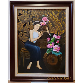 Mua Tranh vẽ sơn dầu nghệ thuật   Thiếu nữ bên bình hoa sen