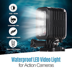 Waterproof LED Video Light Diving Light 5500-6000K 300Lux Underwater 30m Wide Angle Micro USB Charging for GoPro Hero 7