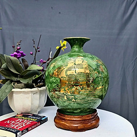 Mua Bình hút tài lộc thuận buồm xuôi gió vẽ vàng 18k men xanh vân đá H25  H30 cm gốm sứ Bát Tràng tặng kèm đế gỗ