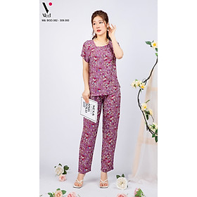 Bộ đồ nữ mặc nhà trung niên cho các bà, các mẹ - Bộ đồ ngủ lanh (tole) - Bộ mặc nhà trung niên vải lanh (tole) Vicci BGD.082 áo cộc tay phối quần dài in hoạ tiết