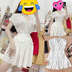 Sét bộ ren áo cổ V đắp chéo vai kết hạt phối chân váy xòe Cao Cấp