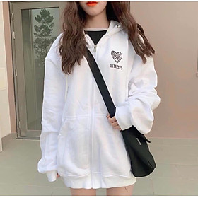 Áo Khoác Hoodie Nữ Thêu Tim Ngực Form Rộng Chất Liệu Thun Nỉ