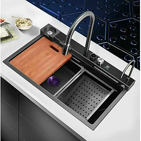 Mua  Vòi thác+ Rửa Ly+ Vòi nước lọc+ Nhiệt độ  Chậu rửa chén một hố lớn inox 304 phủ Nano Đen VIP 75 x46