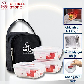 Bộ túi hộp cơm thủy tinh COBA'COOK Thủy tinh cường lực chịu nhiệt tới 400 độ C  Gồm 3 hộp 370ml và 1 túi - CCL33BS