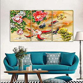 Bộ tranh treo tường 3 tấm- cửu ngư quần hội - Tranh in cán pvc gương / lụa kim sa: 2396L10