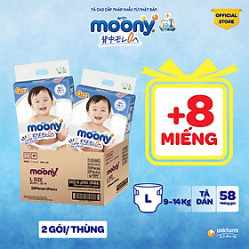 CỘNG 8 MIẾNG Thùng combo 2 gói tã dán Moony cao cấp L54+4 - Nhập khẩu từ