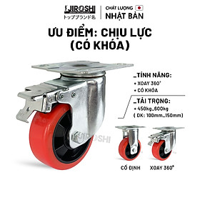 Bánh xe đẩy hàng Nhựa PU có bạc đạn và khóa JIROSHI , Bánh xe chịu tải lớn chống ồn, độ bền cao công nghệ nhật bản