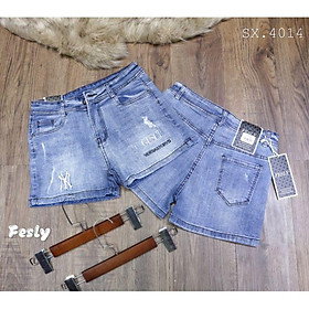 Quần Jeans Nữ Sooc Xanh Thêu Chữ Lưng Cao