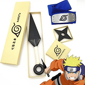 Phụ kiện NARUTO set 3 món Kunai, tiêu chất liệu nhựa và băng đầu làng lá màu xanh 