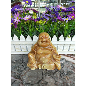 Tượng Phật Di Lặc cầm thỏi vàng đá cẩm thạch vân gỗ trang trí xe ôtô xe hơi, bàn thờ - Dài 10 cm