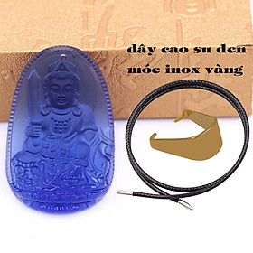 Mặt Phật Văn thù thuỷ tinh xanh dương 3.6 cm kèm móc và vòng cổ dây cao su đen, Mặt Phật bản mệnh