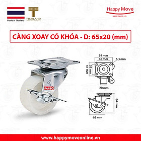 Mua Bánh xe đẩy nylon tải nhẹ càng xoay khóa - 50-65-75mm - Happy Move Thái Lan