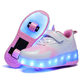 Giày con lăn giày thể thao trẻ em LED Giày ánh sáng Giày chạy bộ với bánh xe đôi USB Sạc giày thể thao Giày con lăn Giày con lăn Color: White Pink Shoe Size: 32