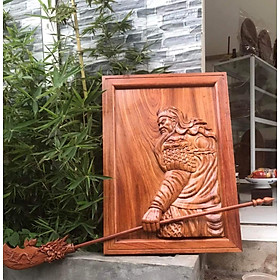 Tranh điêu khắc tượng quan công công cầm đao bằng gỗ hương đá kt 48×68×5cm
